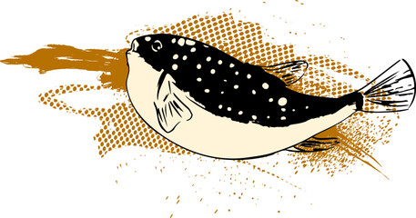 筆と墨の飛沫の和風なフグの墨絵イラスト © foolchico