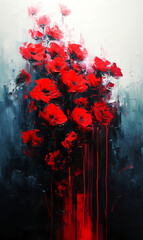 Abstract painting with red roses on a black background.