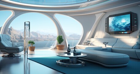 Immerse yourself in a futuristic dwelling with a hi-tech interior design that redefines modern living. - obrazy, fototapety, plakaty