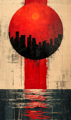 Naklejka premium Abstract red grunge background with cityscape and red sun illustration.