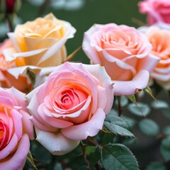 The garden is filled with pink roses blooming outside