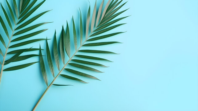 Branch of a palm tree leaves on a light blue background. Summer wallpaper. Flat lay top view with copy space. 