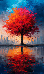 Abstract tree with red leaves on the background of the city. Digital painting.