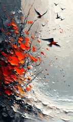 Abstract background oil painting on canvas with red and black birds flying.