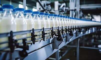 Conveyor Belt with Row of Milk Bottles