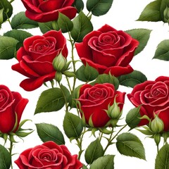 Fototapeta premium Red roses with leaves and stems covered in dew