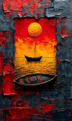 Old wooden boat on the background of a painted wall with a sun.