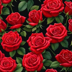Red roses with leaves and stems covered in dew