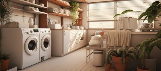 A clean and orderly laundry room showcasing neatly arranged washing machines.