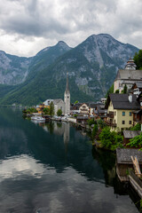 Fototapeta premium View of Lake Hallstattersee and the city of Hallstatt