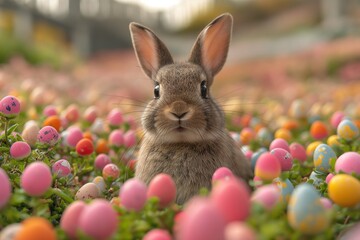 Fototapeta na wymiar rabbit in a field filled with colored little easter eggs