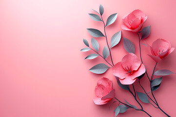 Fototapeta premium Background of pink paper flowers with empty space for text or greeting card design. Postcard for International Women's Day and Mother's Day.
