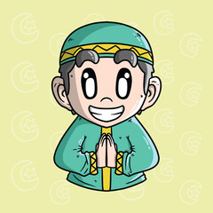 Cute smiling boy wearing islamic outfit cartoon vector illustration. Islamic vector cartoon illustration. Hand drawn vector illustration