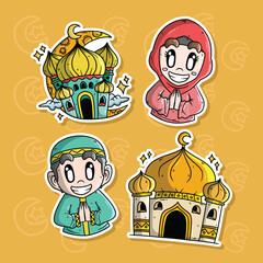 Islamic cartoon vector illustration set. Hand drawn vector illustration.