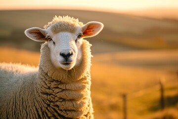 Obraz premium closeup of a sheep with grasy hills in the background