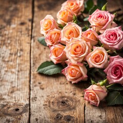 Beautiful Pink roses on wooden background