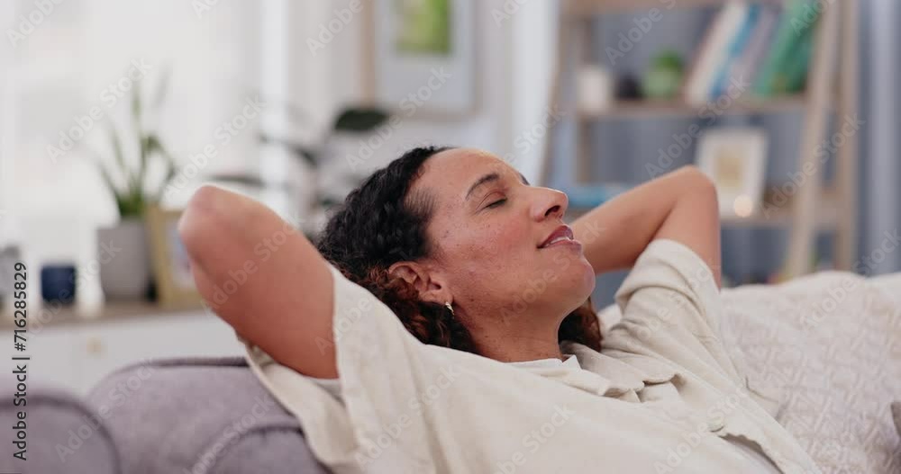 Poster Woman, breathe and relaxing at home on weekend, comfortable and eyes closed for sleeping on couch. Female person, resting and dreaming in nap, calm and peaceful in living room and mindfulness for zen