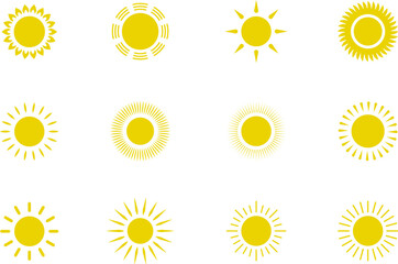 Vector cartoon yellow sun. Shining light rays. Summer Isolated vector illustration.