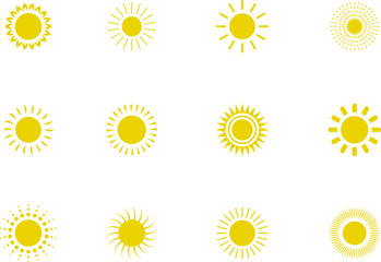 Vector cartoon yellow sun. Shining light rays. Summer Isolated vector illustration.