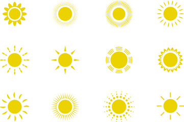 Vector cartoon yellow sun. Shining light rays. Summer Isolated vector illustration.