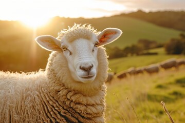 Fototapeta premium closeup of a sheep with grasy hills in the background