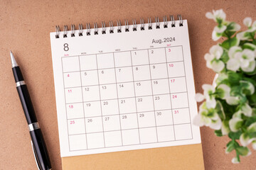 August 2024 desk calendar flat lay