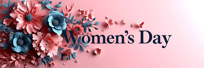 Stylish banner, greeting card with the inscription Happy Women's Day on a pink background and flowers. - obrazy, fototapety, plakaty
