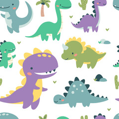 Seamless vector pattern. Cute dinosaurs in bright colors. Illustrations in a simple children's style. White background . Vector illustration