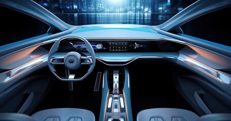 The cockpit of a futuristic autonomous car, showcasing advanced technology and sleek design.