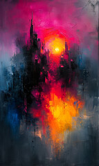 Abstract painting city skyline at sunset. Digital painting.