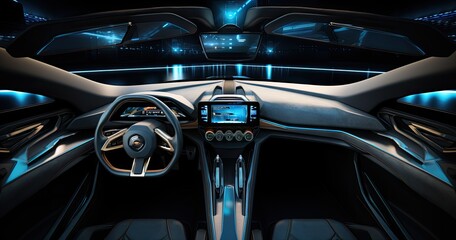 The cockpit of a futuristic autonomous car, showcasing advanced technology and sleek design.