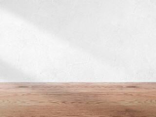 白い壁とナチュラルで茶色い木目の床の背景画像素材、淡い影が入った壁とフローリングのバックグラウンド、ファッション、雑貨、化粧品、健康食品、フードの背景３D