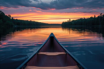 Bow of a canoe on a lake at sunset - obrazy, fototapety, plakaty