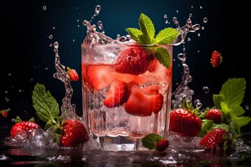 Refreshing drink with strawberry and ice. Generative AI