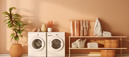 The utility room presents a neat and organized look with washing machines in place for efficient use.