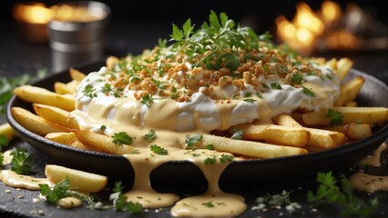 A sizzling plate of golden, crispy french fries, topped with a generous drizzle of tangy aioli and sprinkled with fragrant herbs.