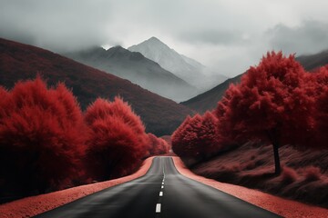 Scenic road, flanked by vibrant red trees, leads towards majestic mountains&mdash;an autumn journey in nature's embrace.