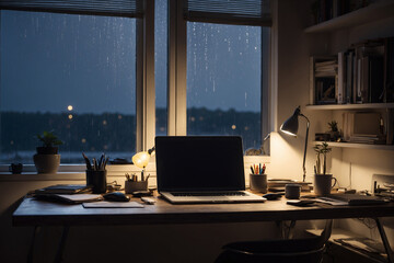 Work desk with a light on above. Window showing night and rainy conditions. Without people