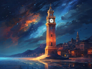 Fototapeta premium Majestic Cityscape Tower Illuminated at Night