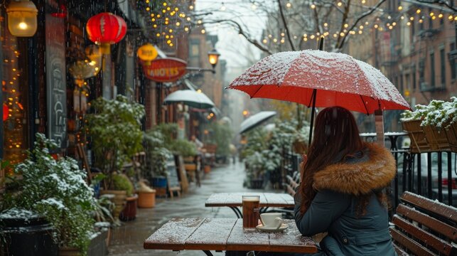 A young woman is sitting at a table in a cafe with an umbrella and a cup of coffee in the snowfall. Generative Ai. 