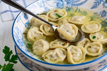 Homemade dumplings with broth.