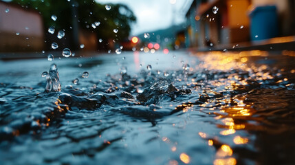 Glass window raindrops in city street on background