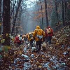 A group of volunteers collect garbage in the forest. Cleaning the forest. Generative Ai. 