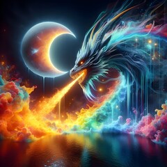 Dragon with glowing insident moon waterfall abstract bursting rainbow liquid.
