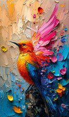 Painting of a colorful bird on a background of colored paints.