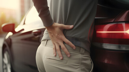 A person complains of back pain after a car accident. He puts his hand on his back in excruciating pain.