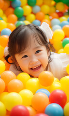 Fototapeta na wymiar Little girl lying on coloured plastic balls in dry paddling pool in playing room