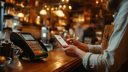 A man is sitting in a restaurant and reaches out with his smartphone to the credit card machine, technology and smart device concept, mobile banking - obrazy, fototapety, plakaty