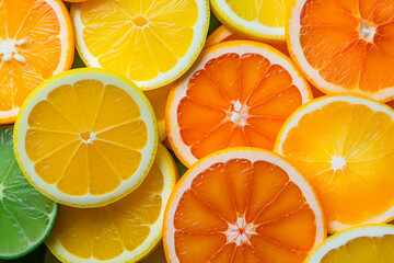 Different cut citrus fruits background, top view. Concept of healthy eating.