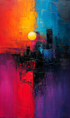 Abstract painting of the sun over the city in red, orange and blue.